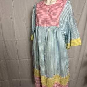 Vintage 80s Pastel Color Block Striped House Dress | Midi Length